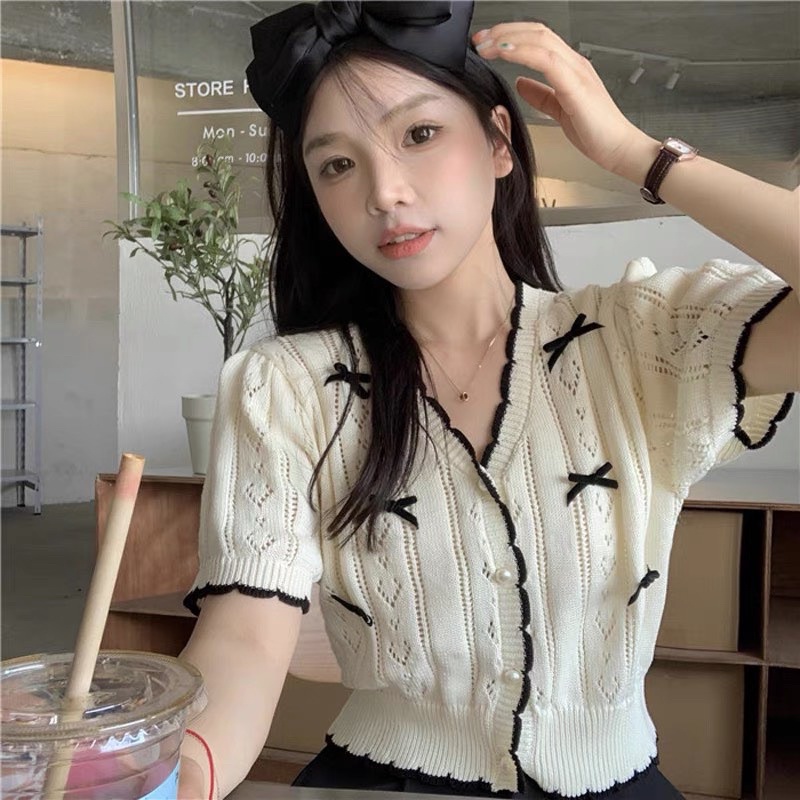 Áo len cadigan mỏng đính nơ, Áo len mỏng mongtoghi ngắn tay AL1467 - NhiNhi Shop