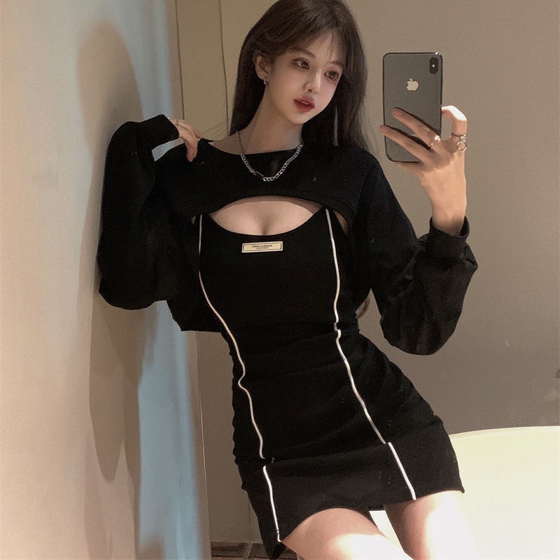 COZOK Set đầm sát nách + áo sơ mi tay dài kiểu dáng trẻ trung quyến rũ cho nữ