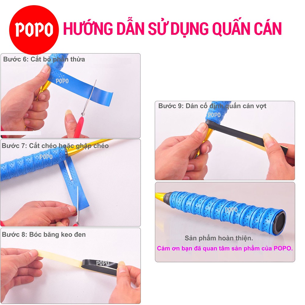 Quấn cán vợt cầu lông, tennis POPO GY104 nhiều ô thoáng khí, cuốn cán ôm tay, thoát mồ hôi