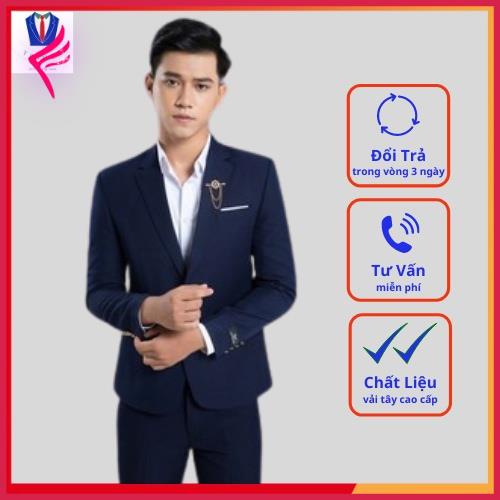 Bộ vest nam màu xanh ve viền cao cấp 1 khuy [Áo vest + Quần]
