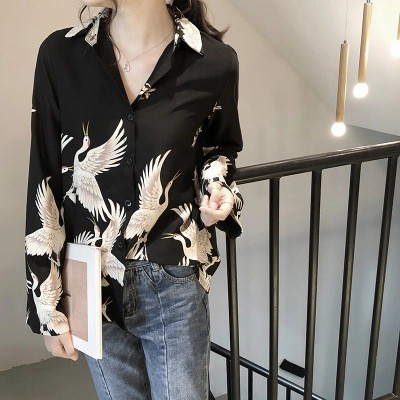 Áo Sơ Mi Cổ Vest Tay Dài Dáng Rộng In Hình Chim Hạc Thời Trang Mùa Thu Cho Nữ 8836