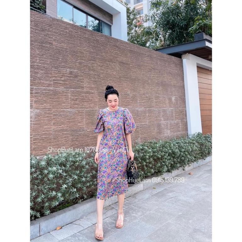 Đầm suông hoa tay bồng cổ tròn{free ship} váy maxi suông dáng dài thương hiệu Bipoozz
