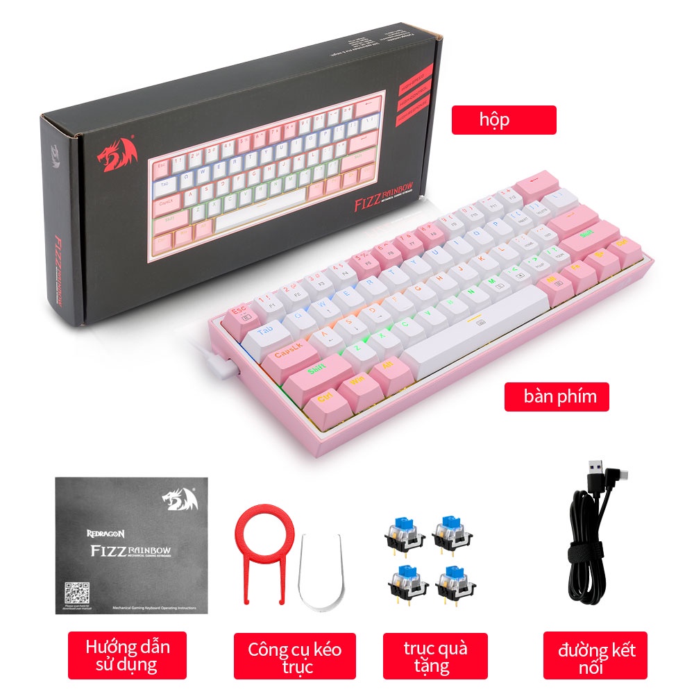 Bàn Phím Cơ REDRAGON Fizz K617 61 Phím Dây Có Thể Tháo Rời Cao Cấp