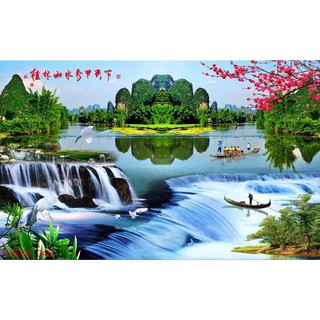 Tranh dán tường 3D phong cảnh thác nước hùng vĩ - tranh sơn thủy hữu tình