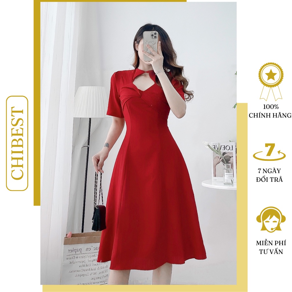 Đầm xòe dài gân sọc cut xoắn ngực khóa kéo sau CHIBEST 𝐇𝐃𝐁𝟗𝟏𝟎