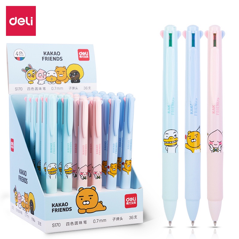Bút bi bấm 4 ngòi 4 màu mực 0.7mm Deli họa tiết kakao đệm tay chống trượt nét viết đều trơn tru - S170