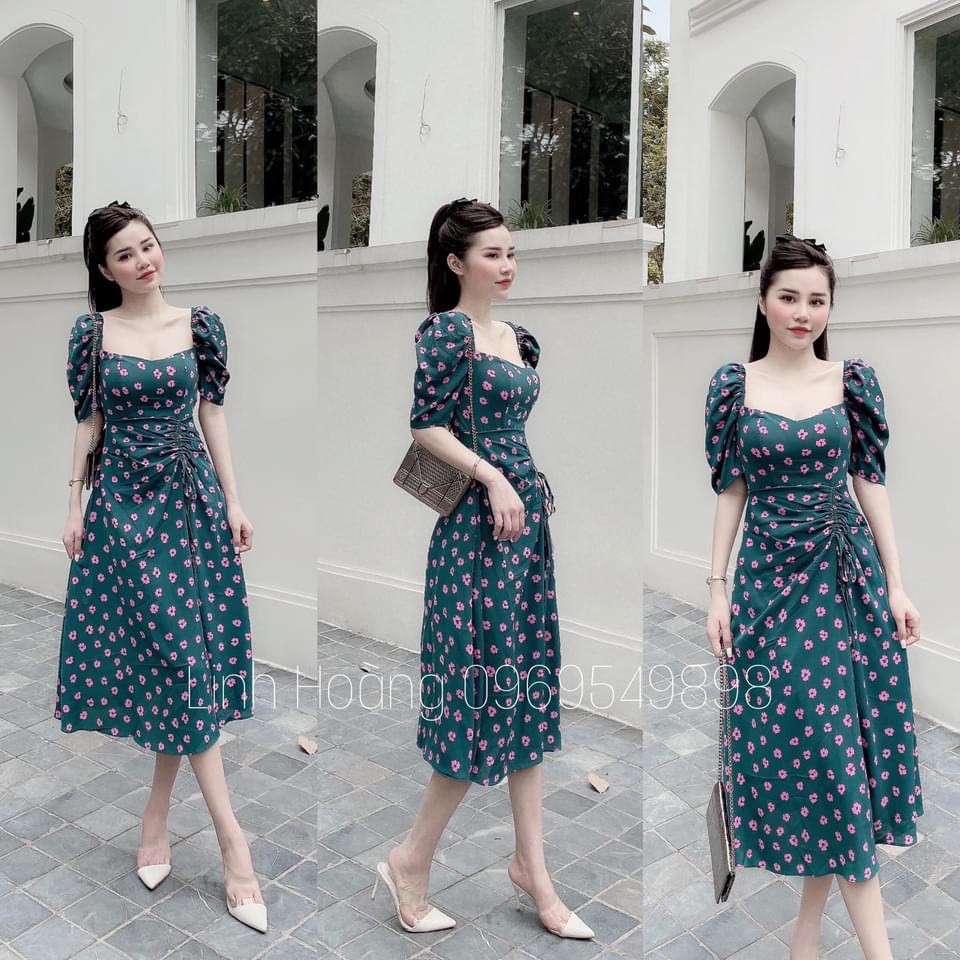 [Mã FAGREEN1505 giảm tới 30K đơn 99K] VÁY XANH HOA HỒNG DÚT SƯỜN CÚP NGỰC | BigBuy360 - bigbuy360.vn