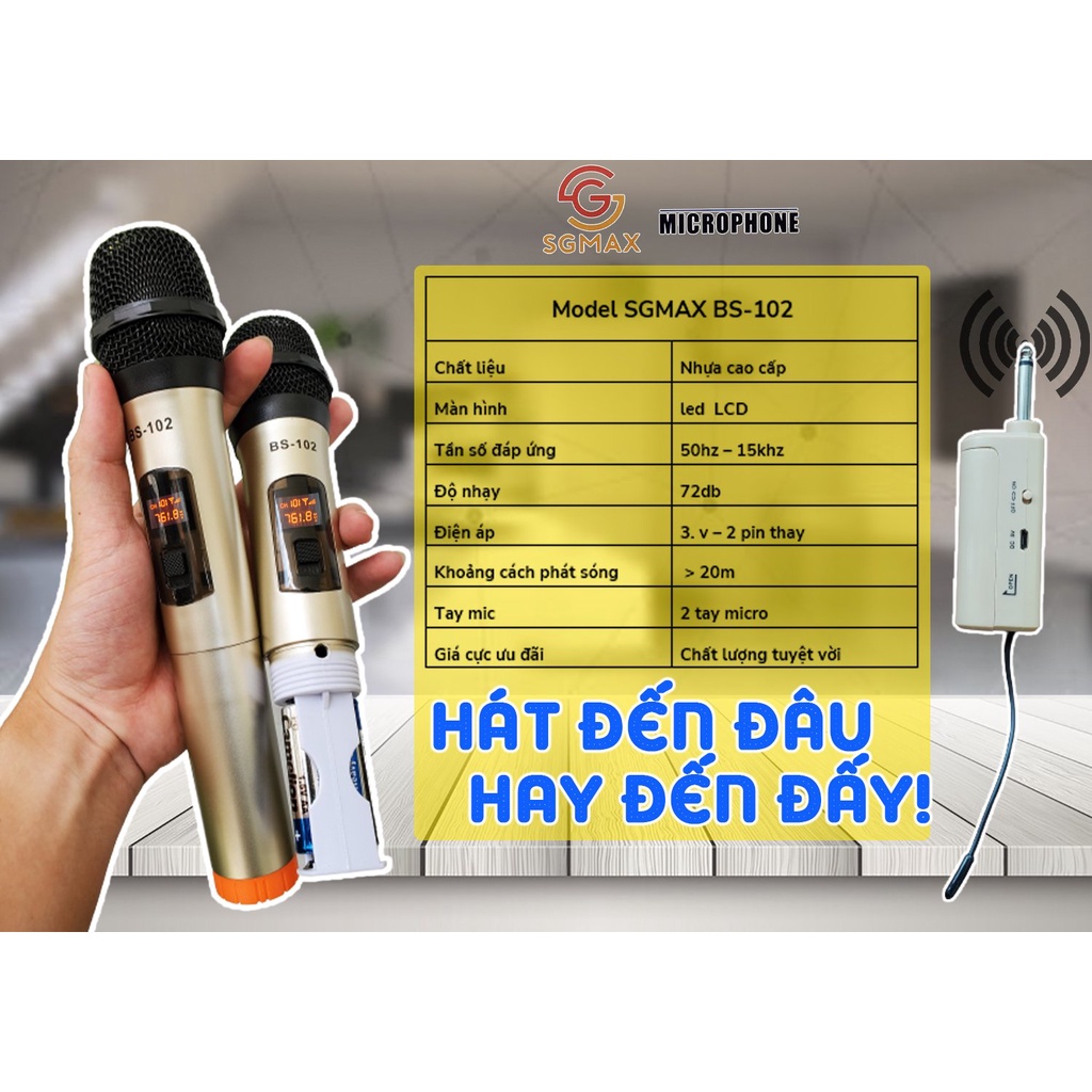 Micro karaoke SGMAX 102, Mẫu Mới 2 Mic Không Dây. Thiết kế chắc chắn, tỉ mỉ, tích hợp chức năng hiện đại