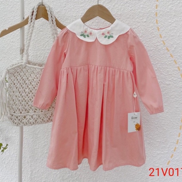 Váy nỉ xuất dư dáng baby doll hồng pastel cho bé, váy dài tay thu đông 2021