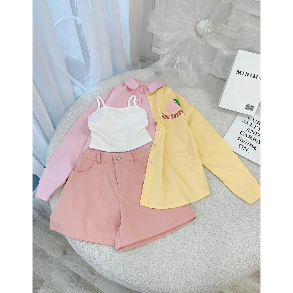 SET 3 MÓN HỒNG PHỐI: ÁO SƠ MI HỒNG PHỐI VÀNG + ÁO TRẮNG LÓT + QUẦN SHORT HỒNG (TH)