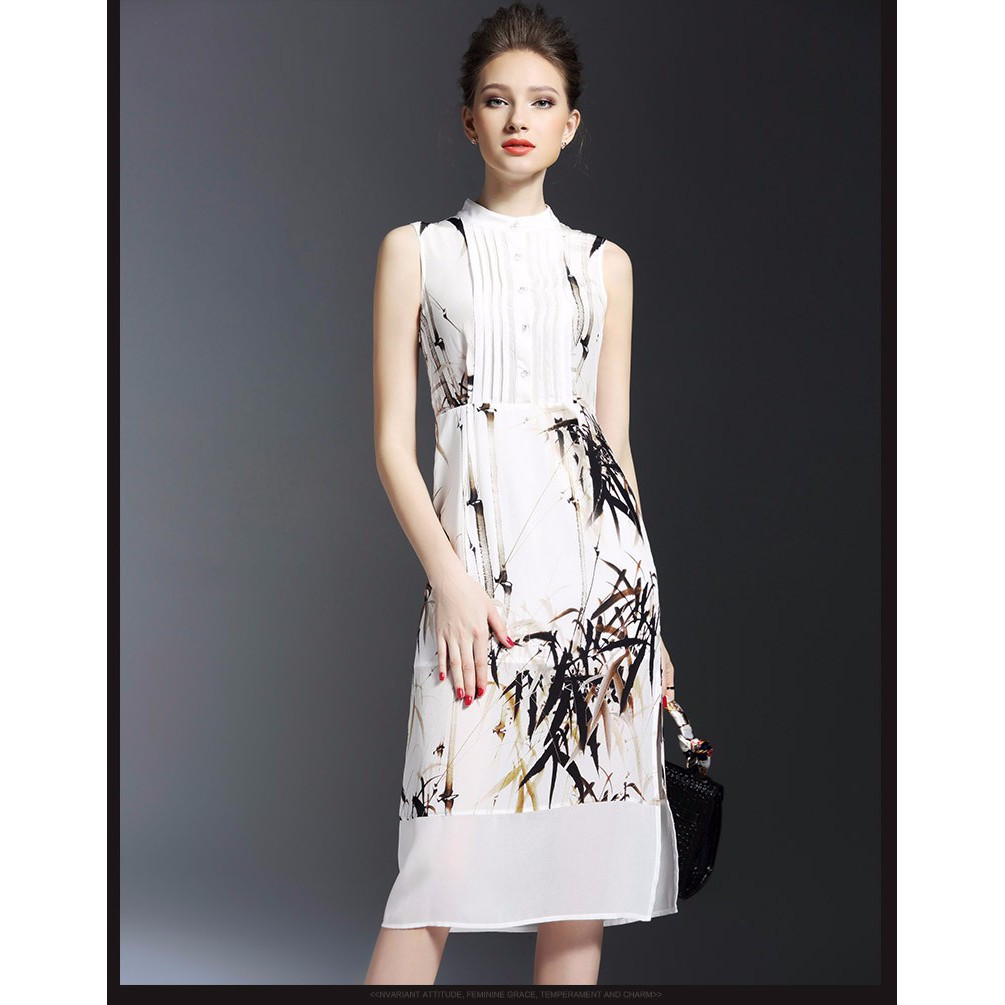 ĐẦM CHIFFON SUÔNG HỌA TIẾT LÁ TRE - 2016DMX0047