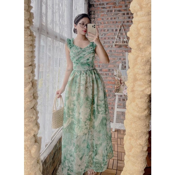 Váy maxi hoa xếp ly ngực tay bèo đi biển