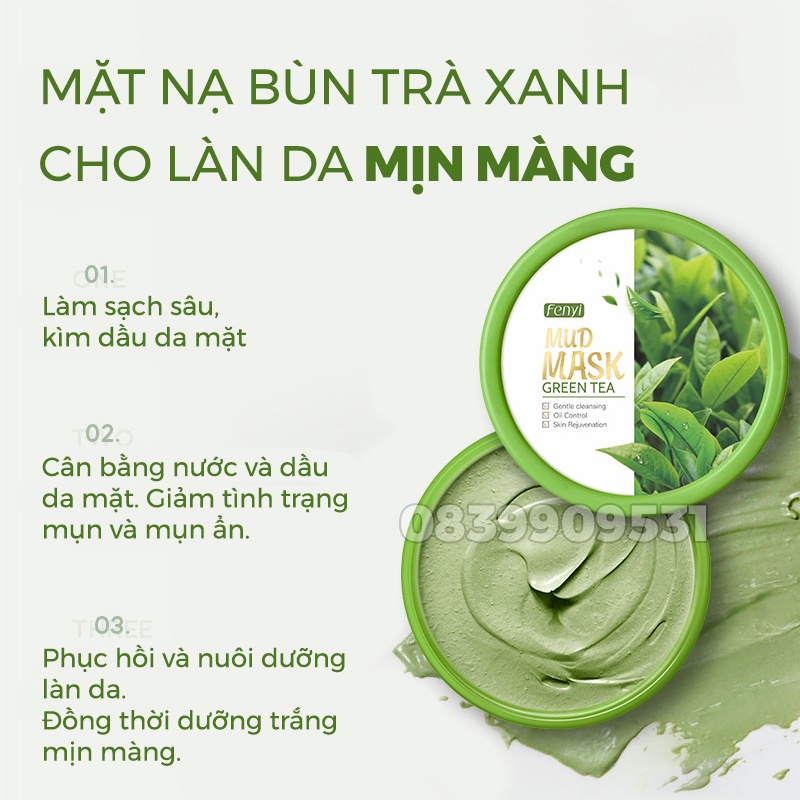 Mặt nạ bùn đất sét Fenyi tinh chất trà xanh giảm mụn đầu đen kiềm dầu dưỡng trắng làm sáng mịn da 100g Zentop