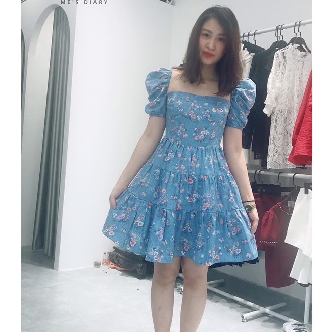 Váy công chúa, vải thô Hàn Quốc, đầm hoa nhí, tay bồng, cổ vuông Me's Diary