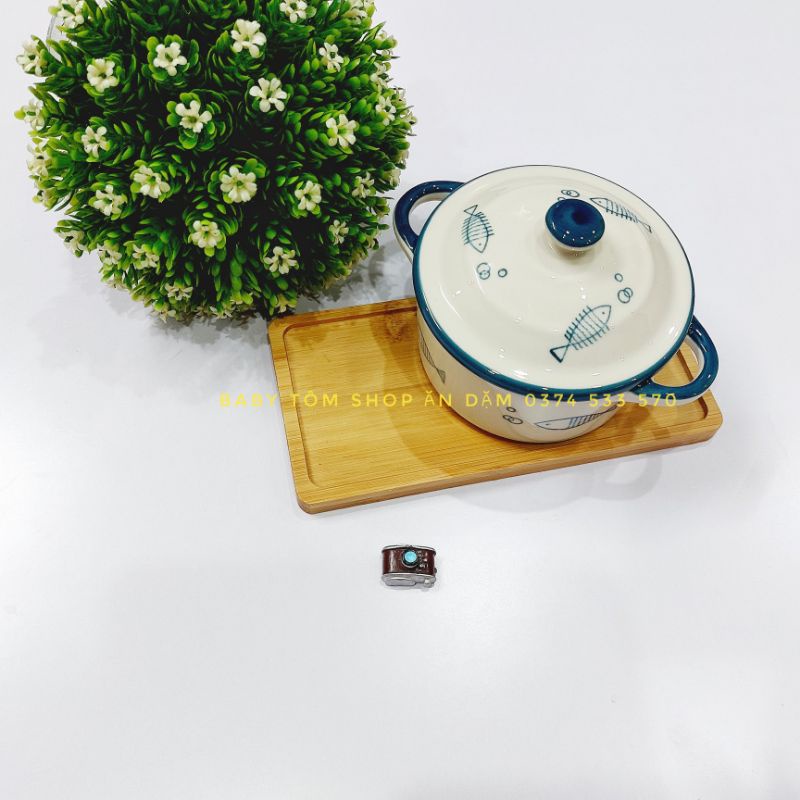 Bát ăn dặm gốm sứ hình nồi có nắp nhiều họa tiết,dung tích 230ml,NPP Baby Tôm