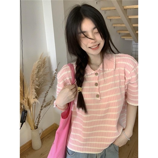 Áo polo dệt kim cộc tay mùa hè hoạ tiết kẻ ngang siêu xinh - Hàng order