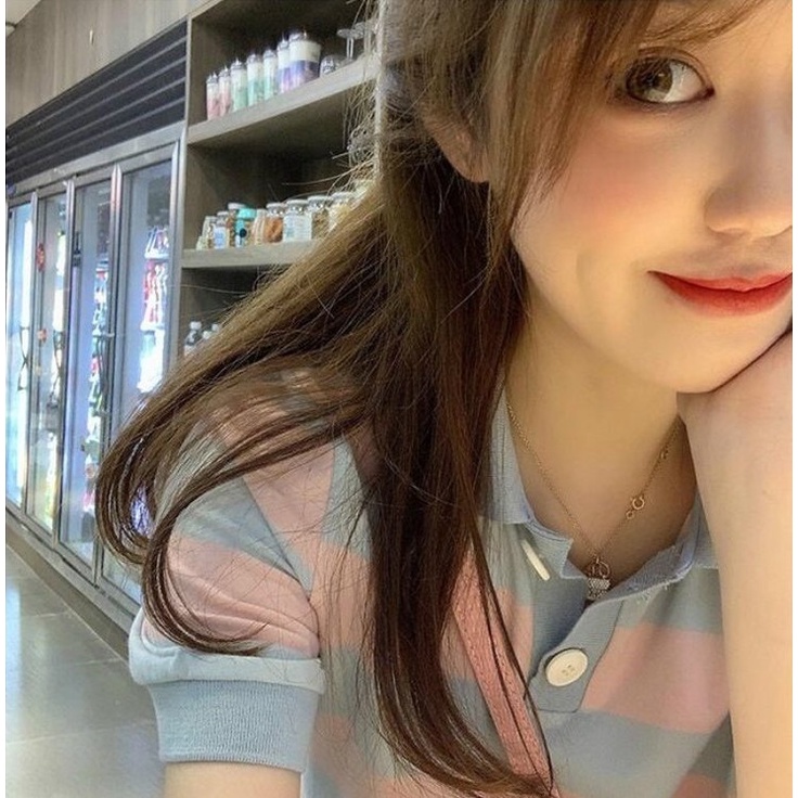 Áo Thun POLO Dệt Kim Tay Ngắn Dáng Rộng Kẻ Sọc Cá Tính