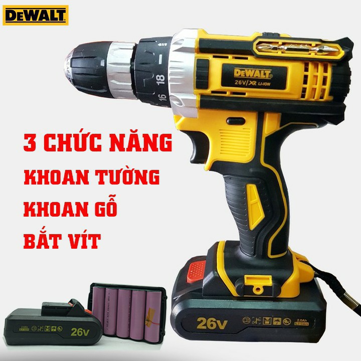 Bộ Vali Máy Khoan Pin DEWALT 26V Ba Chế Độ Có Búa - Vali Máy Khoan Tường Không Dây Dewalt 26V Tặng Vali Đồ Nghề 24 Món