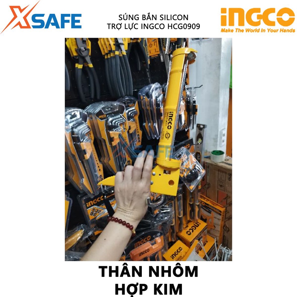 Súng bắn silicon có trợ lực INGCO HCG0909 Dụng cụ bơm silicon kích thước 9&quot; (225mm) Thân nhôm hợp kim bơm keo chống thâm