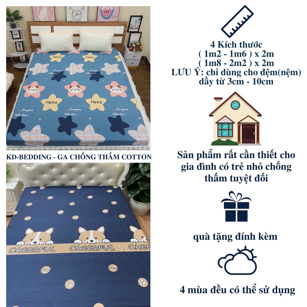 Ga chống thấm cotton tự nhiên, drap giường chống thấm tuyệt đối KD-BEDDING kích thước m2 m6 m8 2m2 cho mọi gia đình
