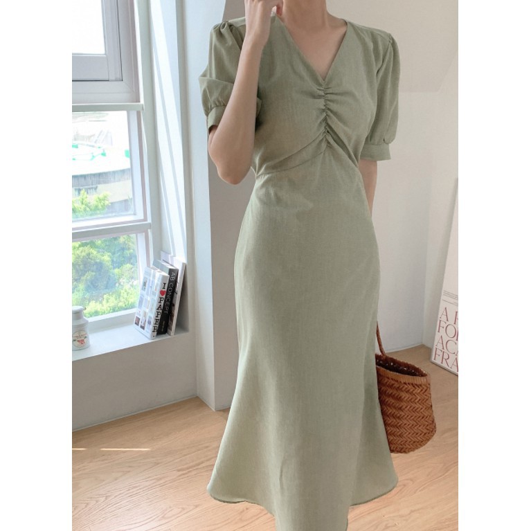 Đầm tay ngắn cổ chữ V thắt dây eo phong cách thanh lịch thời trang cho nữ 44032