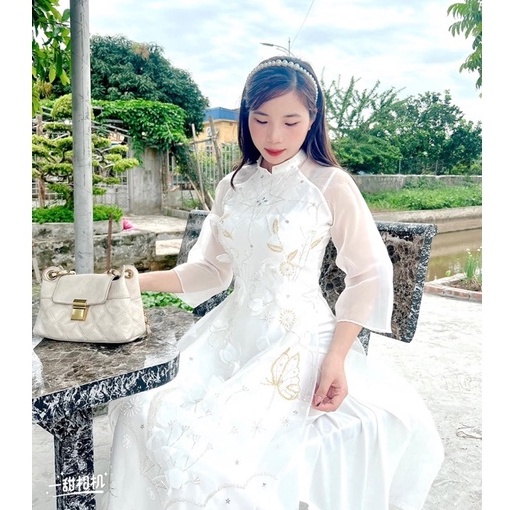 Áo Dài Cách Tân Nữ Thiết Kế Voon Màu Trăng Siêu Hot Áo Dài Việt Chuẩn Phom Cam kết Chất Lượng