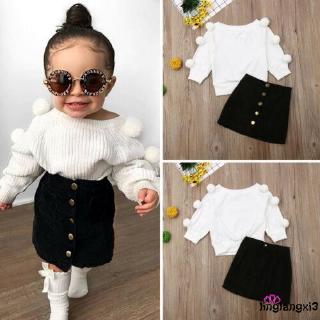 ➤GMLBaby Girl Warm Outfits Sets Hairball Knit Long Sleeve Top+ Button A-Line Mini Skirts Sets