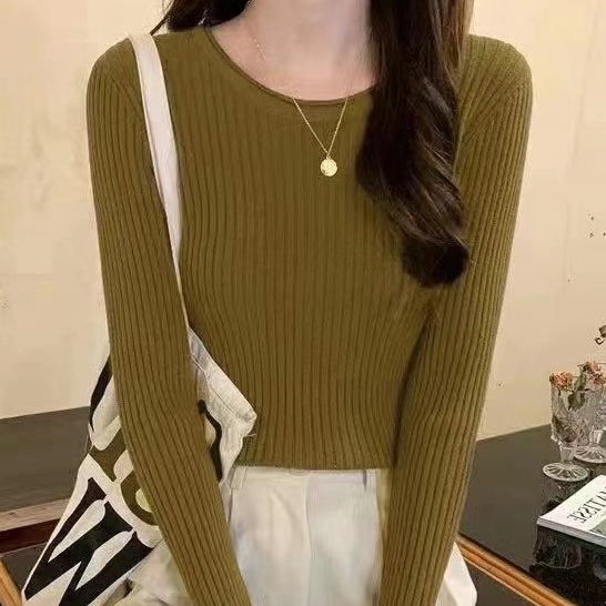 Áo len ZHELIHANGFEI tay dài cổ tròn lưng cao dáng ôm thời trang trẻ trung cho nữ