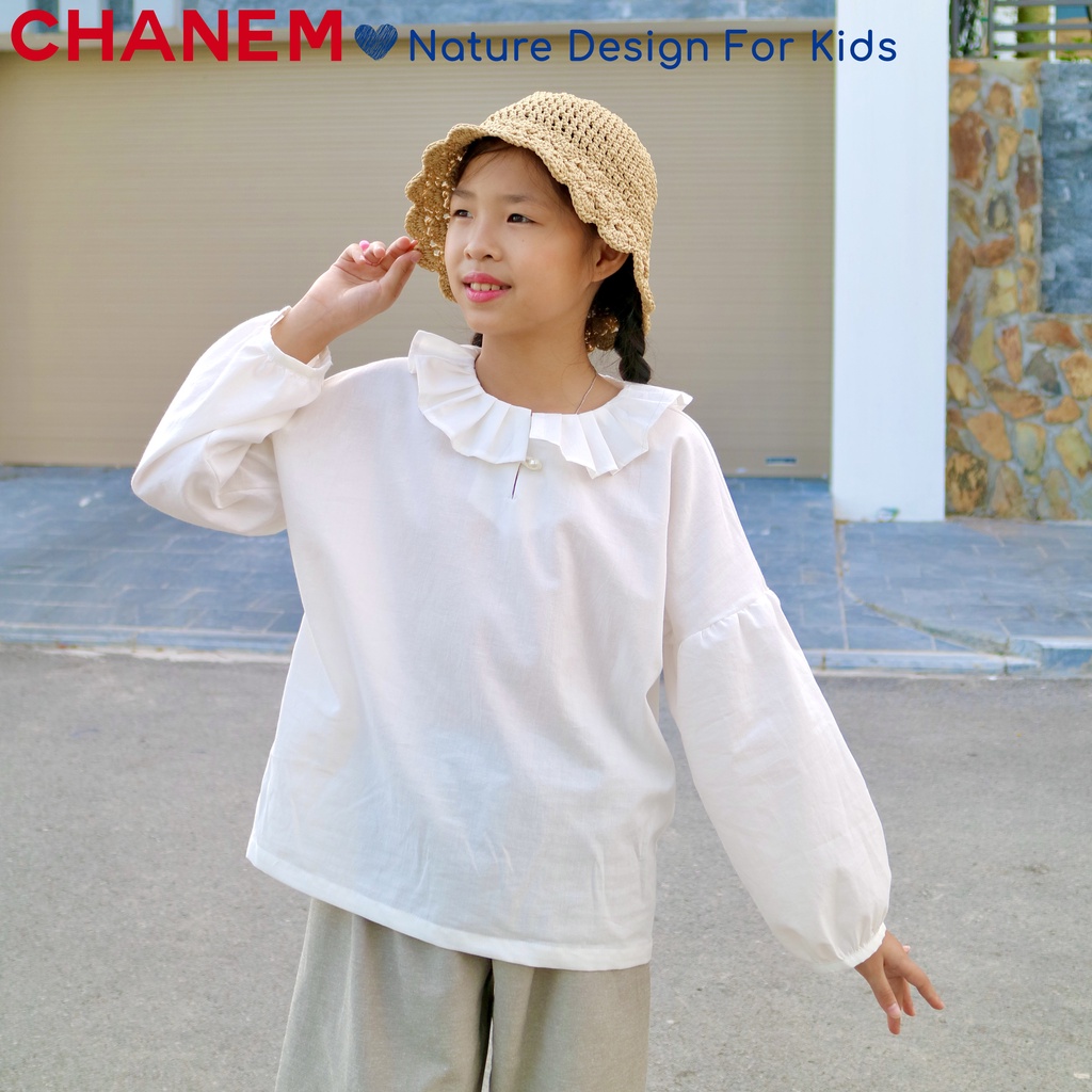 Áo sơ mi trắng cho bé gái cổ xếp ly xinh xắn dài tay chất liệu cotton cho bé từ 1 - 10 tuổi CHANEM