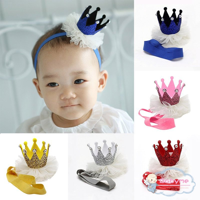 Băng đô co giãn đính vương miện/ngọc trai phối lưới xinh xắn cho bé