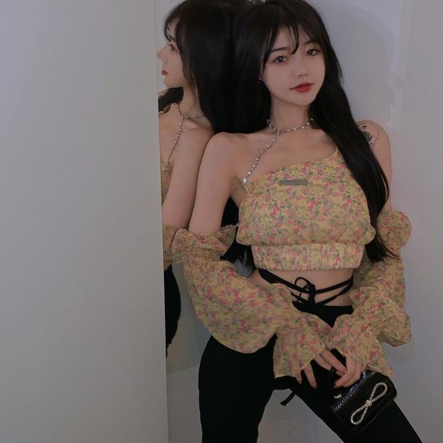 COZOK Áo Chiffon trễ vai tay dài hoạ tiết hoa nữ tính