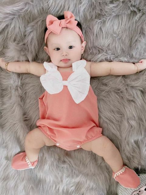 Bodysuit em bé thỏ hồng ❤️ FREESHIP ❤️ BODY trẻ em kèm giày vải turban từ ss -13kg chất cotton đũi mềm mại