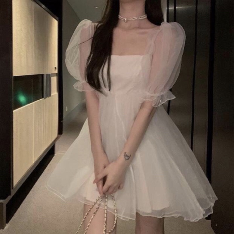 Váy công chúa cổ vuông bồng xoè- Đầm babydoll nữ tiểu thư chất voan 2 lớp về 2 màu trắng đen phong cách ulzzang
