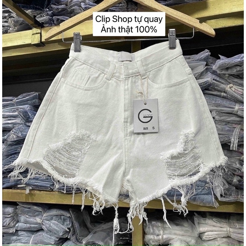 Quần short jean trắng rách quần đùi jean lưng cao