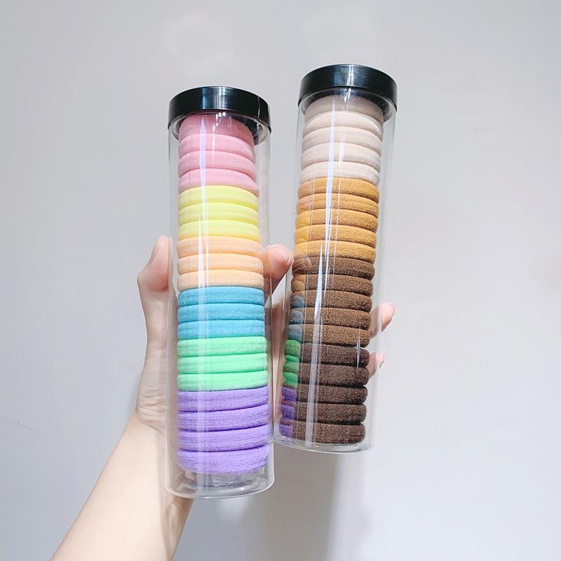 Hộp 20 chun buộc tóc, cột tóc vải nhiều màu kèm ống đựng trong suốt phong cách Hàn Quốc.