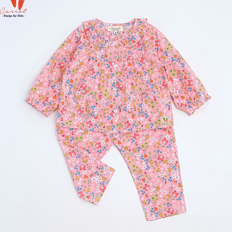 Bộ Dài Tay Cho Bé Gái Carrot, Họa Tiết Hoa Vàng Nền Xanh, Teddy Hồng, Vàng, Chất Thô Cotton Thoáng Mát Thấm Hút Mồ Hôi