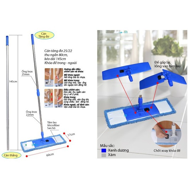 Chổi Lau Nhà Công Nghiệp Bản Lau 60cm Cán Rút - Cây đẩy lau khô sàn dành cho văn phòng, bệnh viện