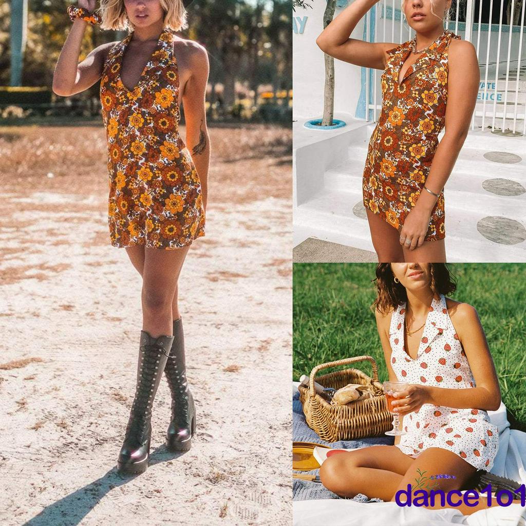 Đầm Dây Nữ Lưng Trần In Hình Quả Dâu Xinh Xắn