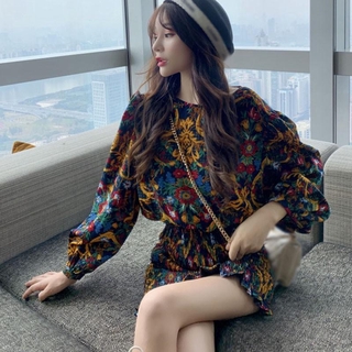 Đầm Hoa Tay Phồng Nhấn Eo Thời Trang Thanh Lịch Cho Nữ