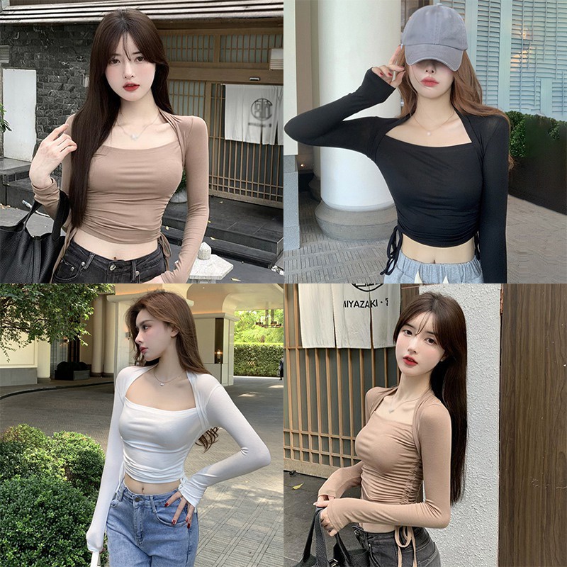 Áo Croptop Tay Dài Cổ Vuông Thiết Kế Dây Rút Phong Cách Hàn Quốc Quyến Rũ Cho Nữ