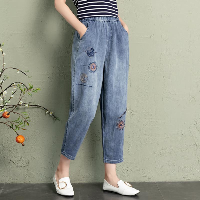 Quần jeans Nữ Lưng Cao Thêu Hoa Thời Trang Hàn