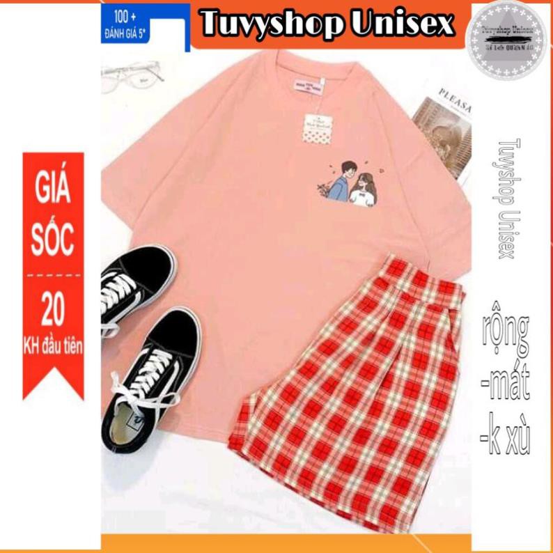Áo phông nữ ⚡TUVYSHOP⚡ Áo cotton hút mồ hôi tay lỡ Unisex Đôi bạn oversize màu hồng