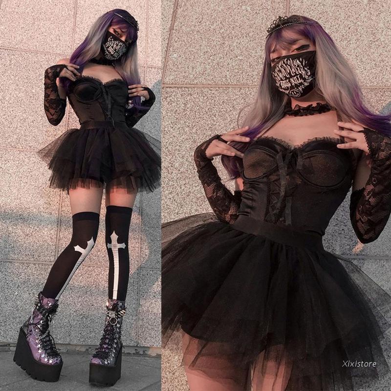 Chân váy xòe vải tuyn màu đen lưng cao phong cách harajuku cổ điển cho nữ