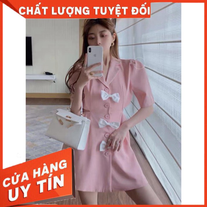 Đầm Cut Out Nữ Cổ Vest , Cộc Tay Cúc Cài Phối Nơ 2 Màu Q049 [KHUYẾN MÃI]