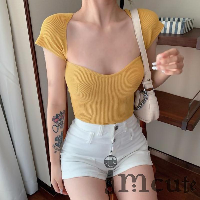 Áo Thun Dệt Kim Tay Ngắn Màu Sắc Đơn Giản Thời Trang Mùa Hè Quyến Rũ Cho Nữ