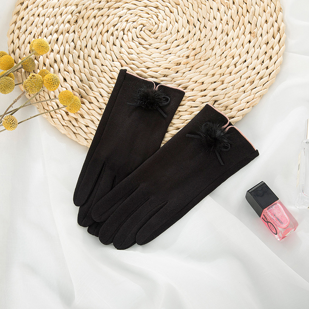 Găng tay ấm áp đính nơ phối bóng lông chống gió mùa đông tiện dụng khi sử dụng màn hình cảm ứng cho nữ