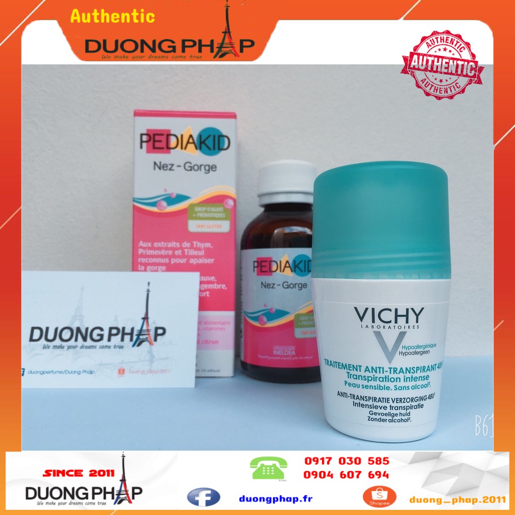 Lăn khử mùi Vichy Xanh 50ml và Pediakid mũi họng 125ml