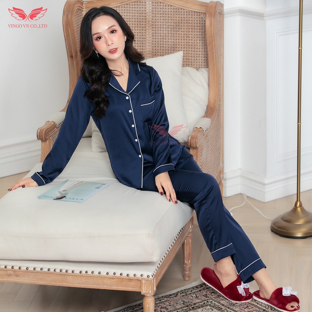 Bộ Đồ Pyjama nữ mặc nhà VINGO tay dài quần dài Lụa Pháp trơn cao cấp mùa Thu Đông H253 VNGO - TDQD