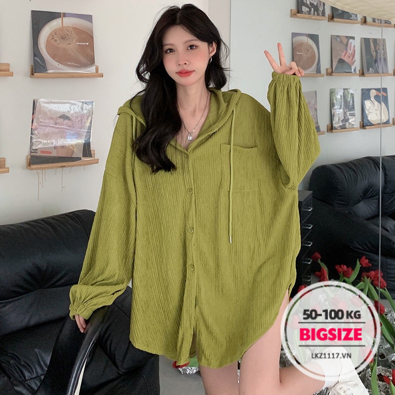 Áo sơ mi Bigsize Áo Áo chông nắng nữ form rộng tay dài trơn mỏng mùa hè Phong cách Hàn Quốc Thời Trang tiểu thư cá tính xinh đẹp cho người mập béo