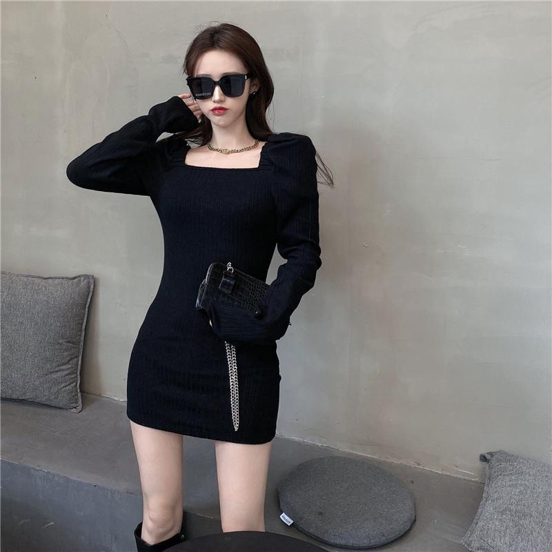Đầm ngắn Perty cổ vuông ôm dáng thời trang mùa thu Hàn Quốc 2022 dành cho nữ